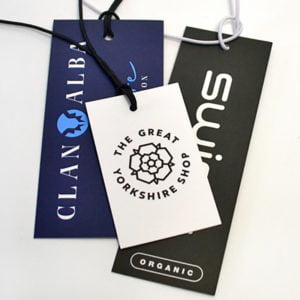 Standard swing tags with barcode and brand logo, designed for clothing and retail prices, featuring eyelets for easy hanging on products.