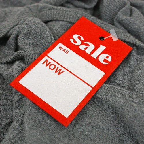 Sale tags with eye-catching design and bold 'SALE' messaging, equipped with durable eyelets for easy hanging, featuring discounted prices and barcode for quick checkout, ideal for attracting attention and boosting retail promotions.