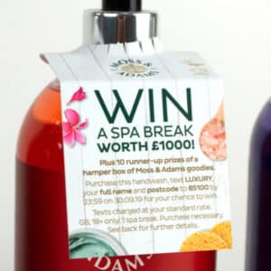 Soap bottle neck hanger with win voucher