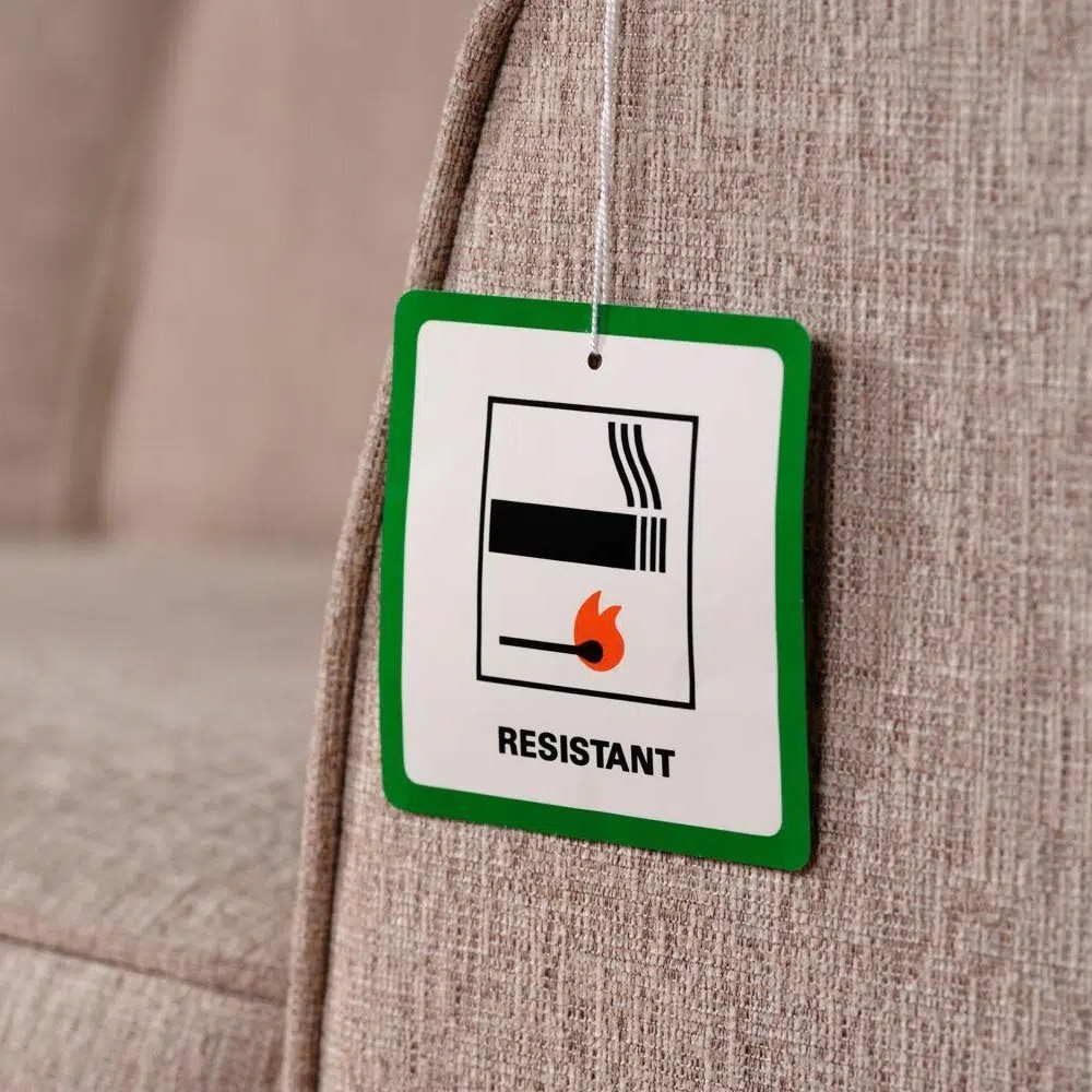 Furniture tags detailing craftsmanship, materials, and care instructions, with robust eyelets for secure attachment, designed to convey brand identity and product quality, enhancing consumer information and appeal in retail furniture settings